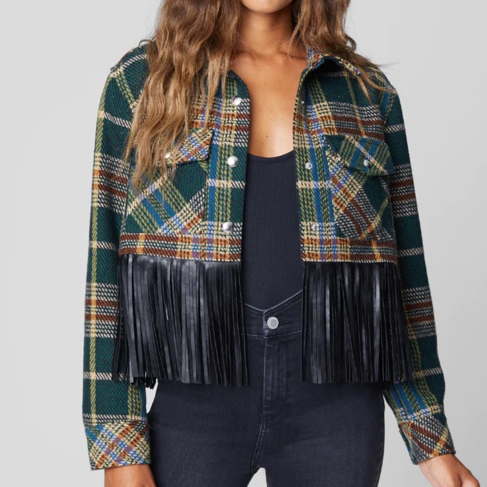 BLANK NYC DAY BREAK SHACKET GREEN PLAID WOOL BLEND FAUX LEATHER FRINGE LARGE